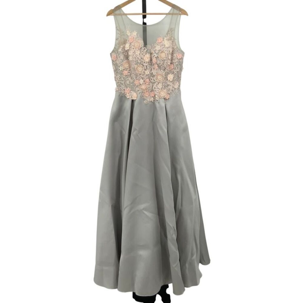Basix Black Label Sleeveless Floral Evening Gown Gray 12